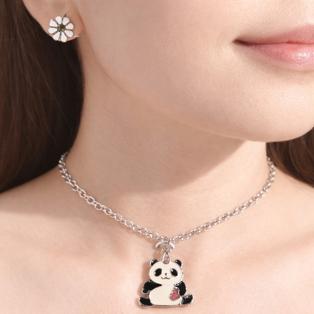 Elegant Silver-Tone Panda Pendant Necklace & Matching Stud Earrings - Cute, Chic